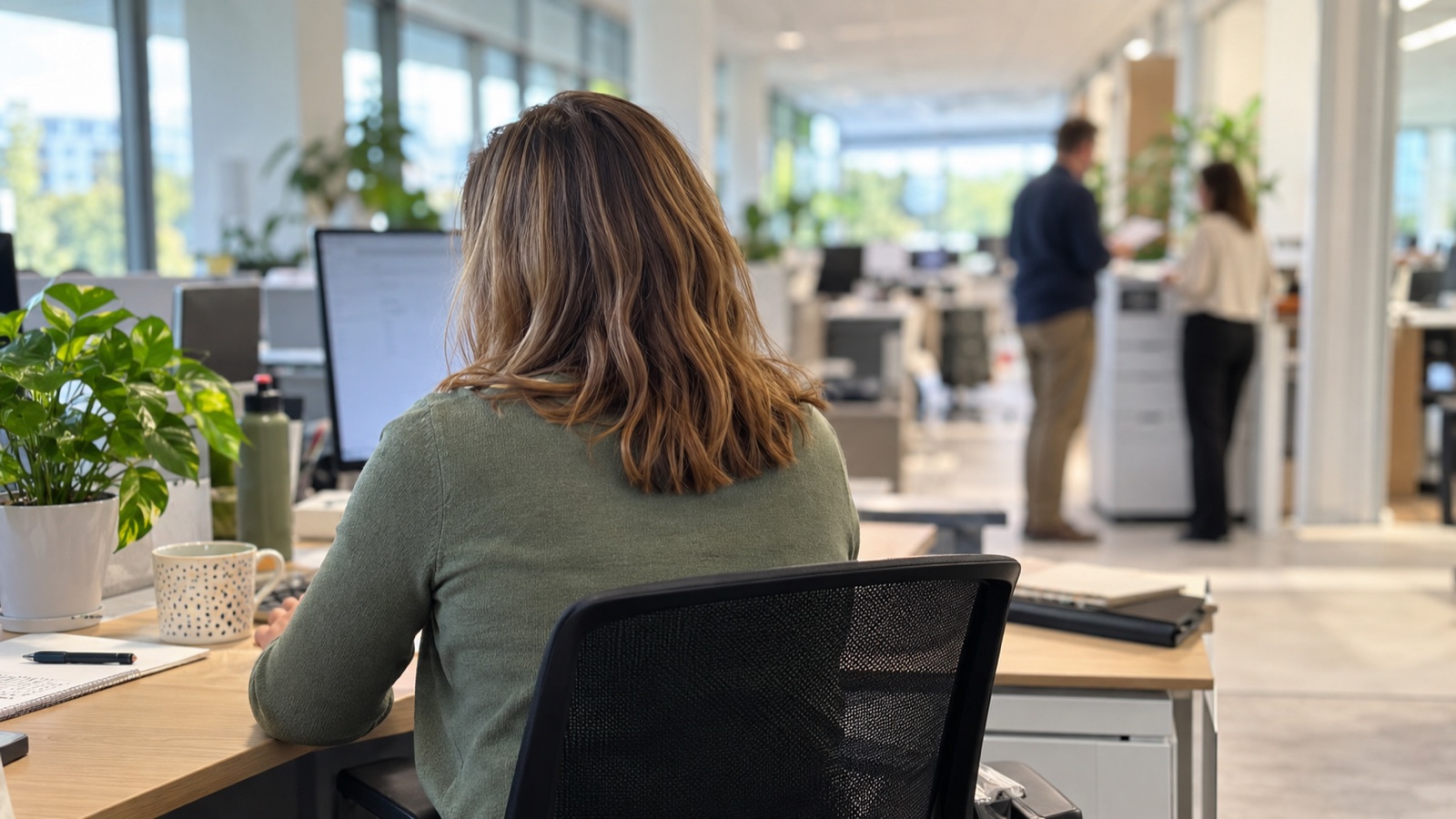 Une femme vue de dos travaille à son bureau dans un open space pendant que deux collègues parlent au second plan.